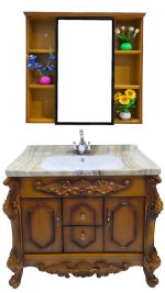 Classic Wooden Vanity Cabinet with Decorative Mirror, Flower Shelf, and Marble Sink