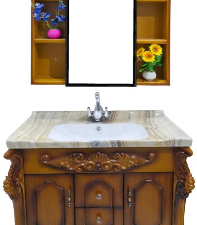 Classic Wooden Vanity Cabinet with Decorative Mirror, Flower Shelf, and Marble Sink