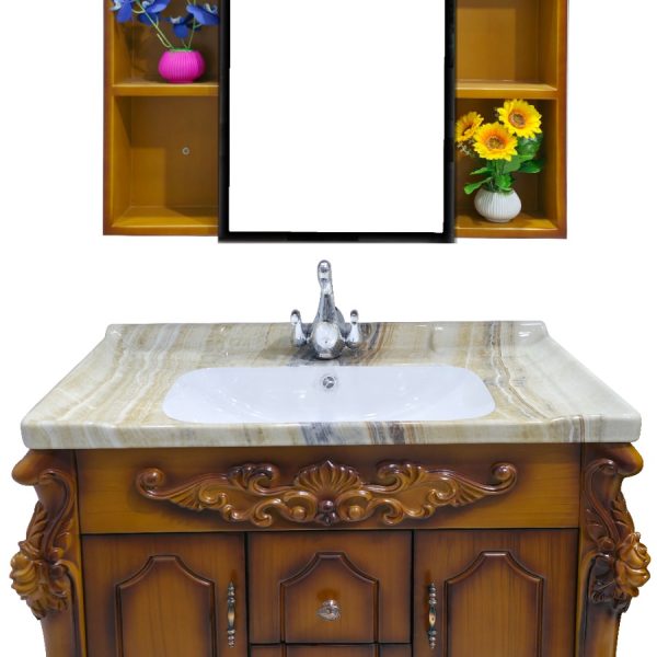 Classic Wooden Vanity Cabinet with Decorative Mirror, Flower Shelf, and Marble Sink