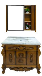 Wooden Waterproof Vanity Cabinet with Mirror, Storage Shelves, Elegant Flowers, and Marble Sink