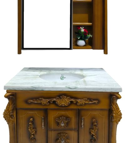 Wooden Waterproof Vanity Cabinet with Mirror, Storage Shelves, Elegant Flowers, and Marble Sink