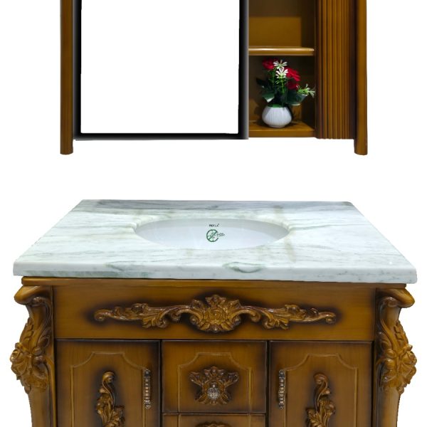 Wooden Waterproof Vanity Cabinet with Mirror, Storage Shelves, Elegant Flowers, and Marble Sink