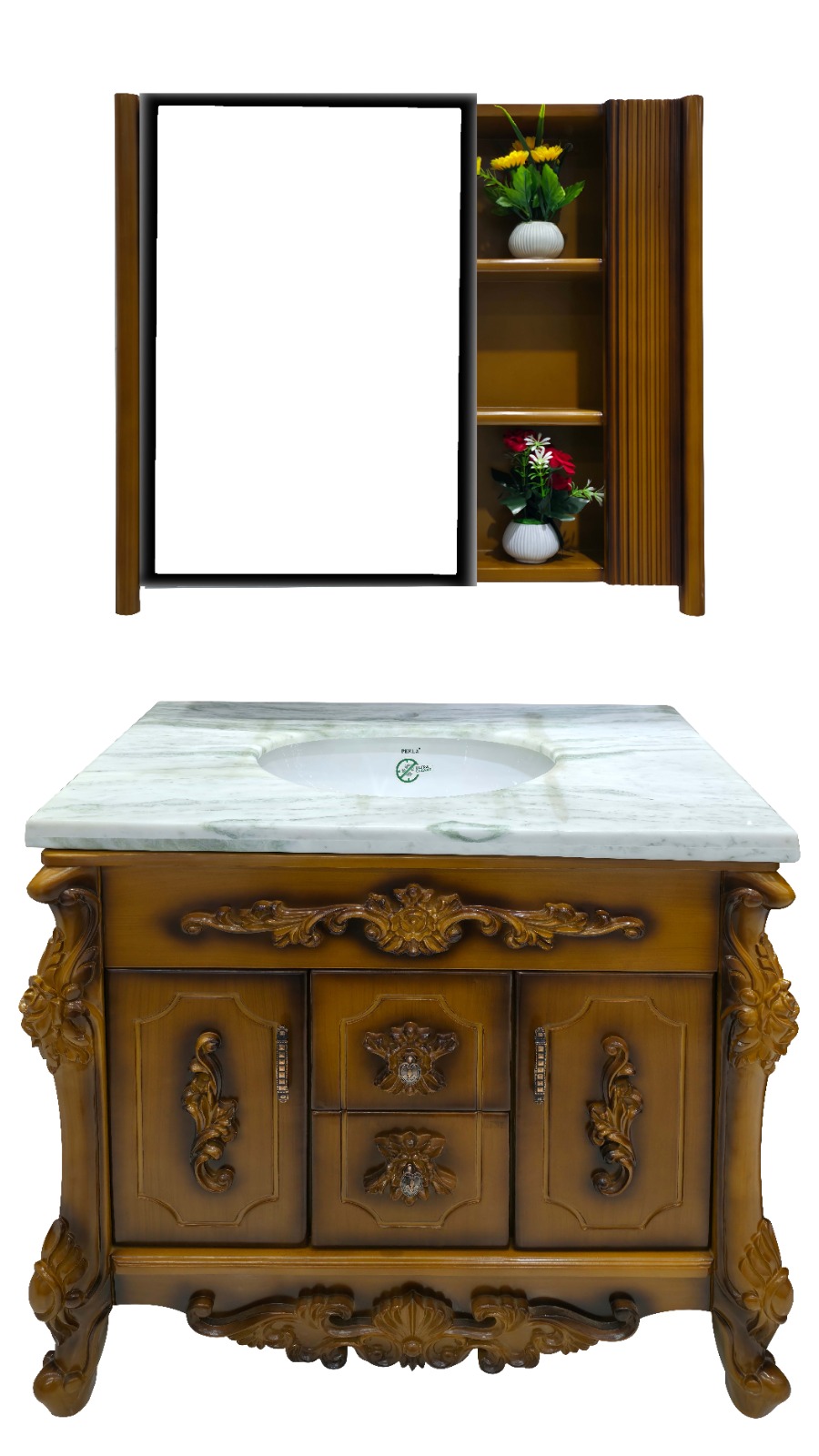 Luxury Wooden Waterproof Vanity Cabinet with Mirror & Storage Shelves Wooden Waterproof Vanity Cabinet with Mirror, Storage Shelves, Elegant Flowers, and Marble Sink