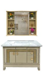 Premium LED Mirror Bathroom Vanity | Marble Basin Top, Golden Faucet & Multi-Storage Cabinet