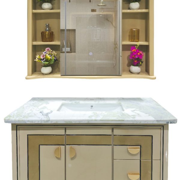 Premium LED Mirror Bathroom Vanity | Marble Basin Top, Golden Faucet & Multi-Storage Cabinet