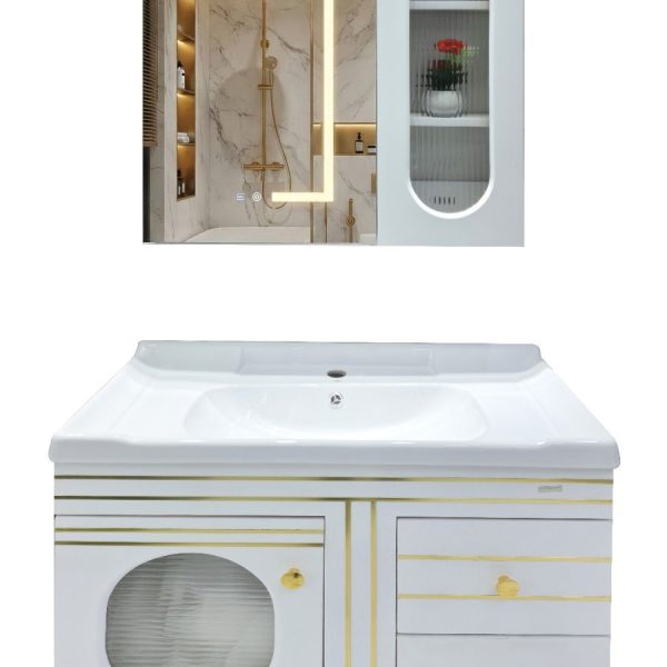 Premium LED Mirror Bathroom Vanity | White–Gold Finish, Ceramic Basin & Multi-Storage Cabinet