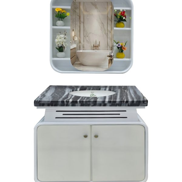 Premium Bathroom Vanity with Oval LED Mirror | Black Marble Basin Top & Stylish Storage Cabinet